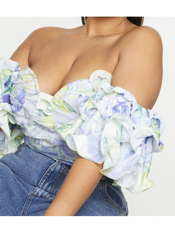 PLUS CROP TOP BARDOT ALB CU MANECĂ BUFANTA, FLORALĂ