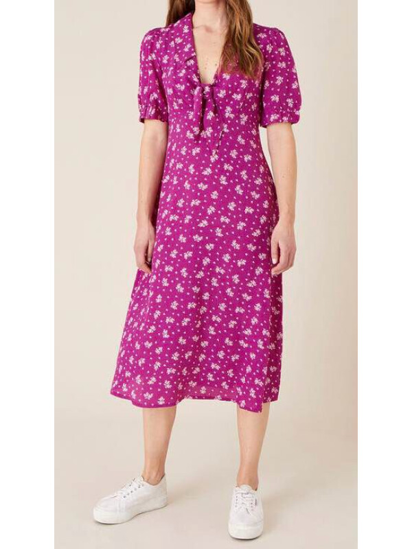 Rochie Abril cu imprimeu și detalii cu fundiță-Roz-40