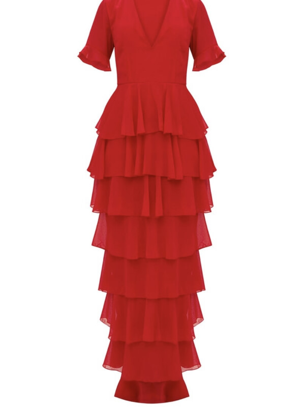 ROCHIE MAXI ȘIFON ROSĂ, STRAT CU VOLANE