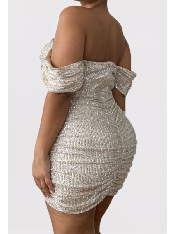 PLUS ROCHIE BARDOT BODYCON CU PAIETE CREMA