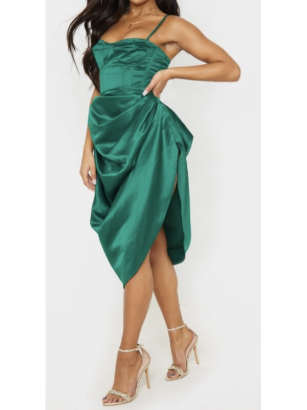 FUSTA MIDI LATERALĂ RUNCATĂ ȚESUTĂ VERDE SMERALDĂ