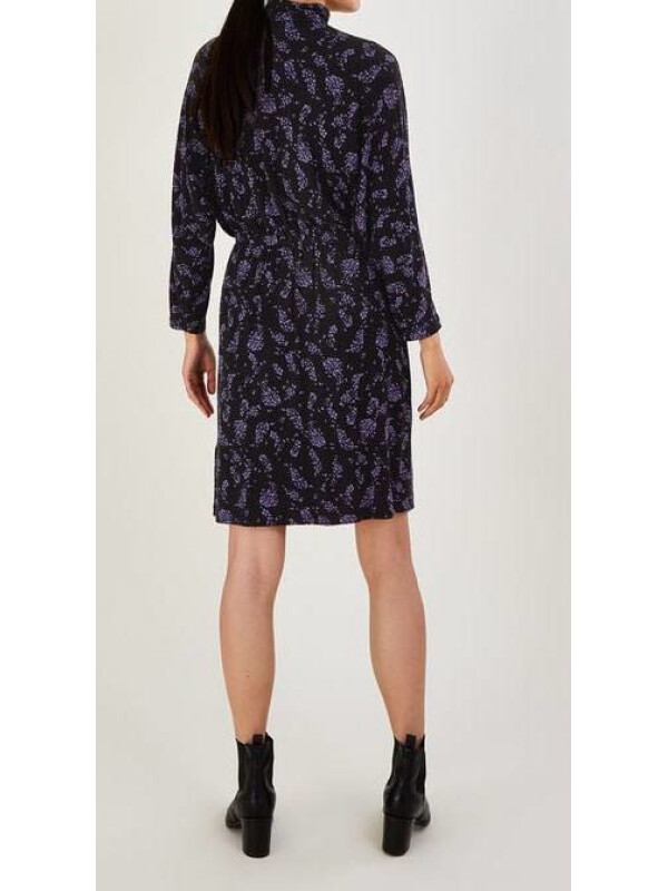 Rochie neagră din jerseu cu imprimeu de pene și guler înalt