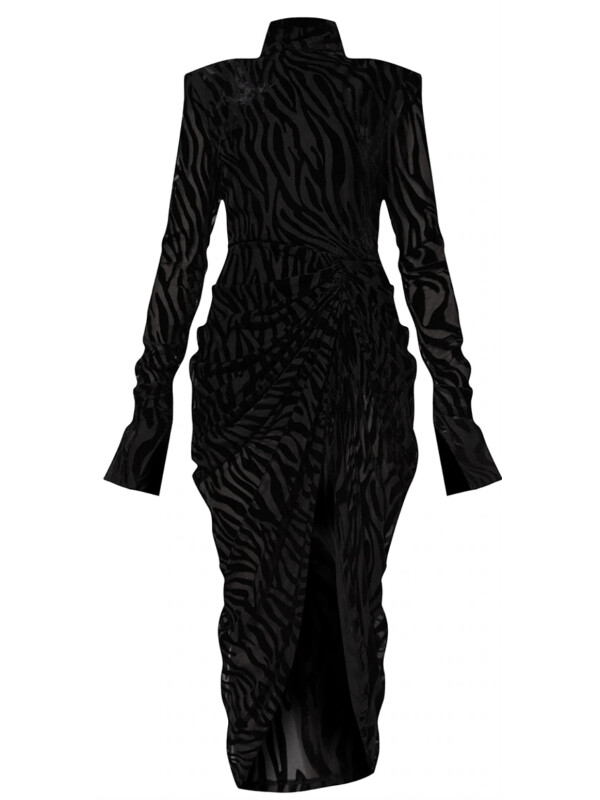 ROCHIE MIDI DRAPATĂ BLACK ZEBRA DEVORE CU GÂT ÎNALT
