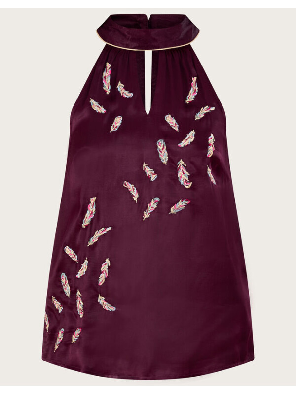 Top mov Simone cu guler halter, broderie și pene