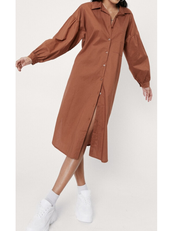 Rochie cămașă midi din poplin din bumbac cu mâneci bufante