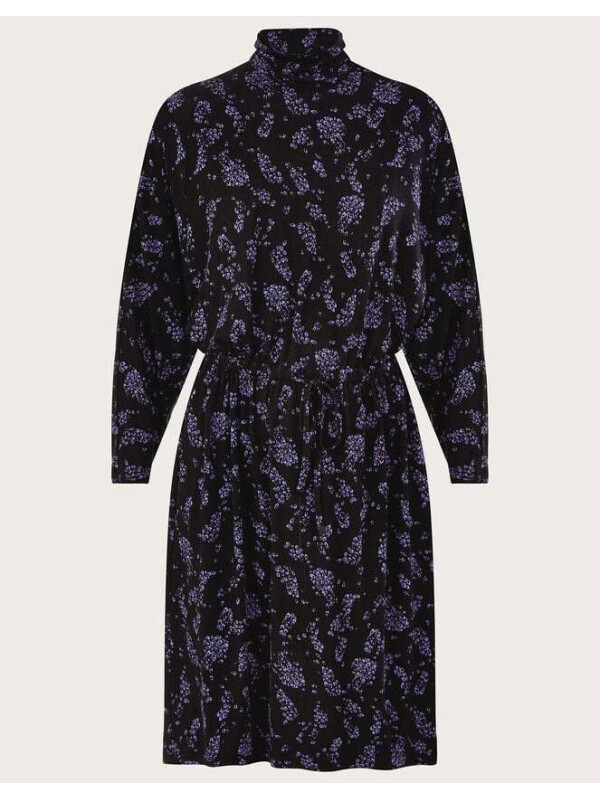 Rochie neagră din jerseu cu imprimeu de pene și guler înalt-Negru-M