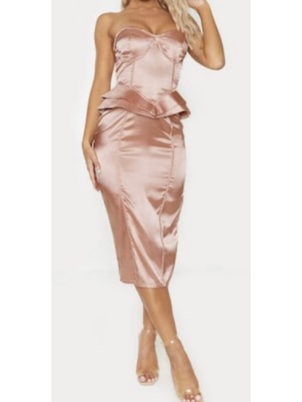 ROCHIE MIDI PEPLUM STRUCTURATA CORSET NUDE SATIN