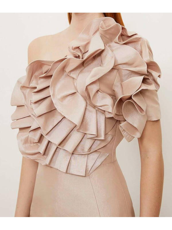 Rochie maxi Bardot lungă, din tafta metalică, decorată cu rozetă