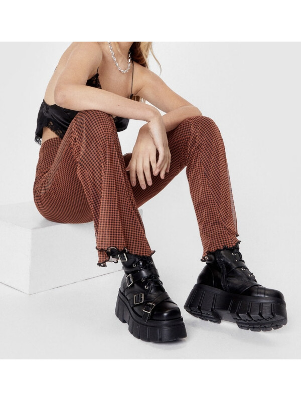 Pantalonii evazați cu talie înaltă din plasă Gingham 