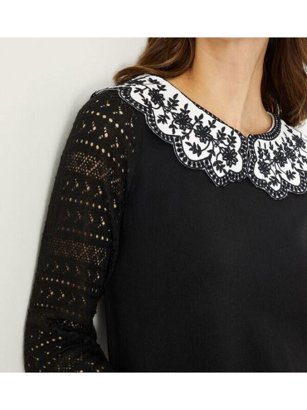 Pulover cu guler contrastant din tricot și cusături, din poliester reciclat-Negru-XL