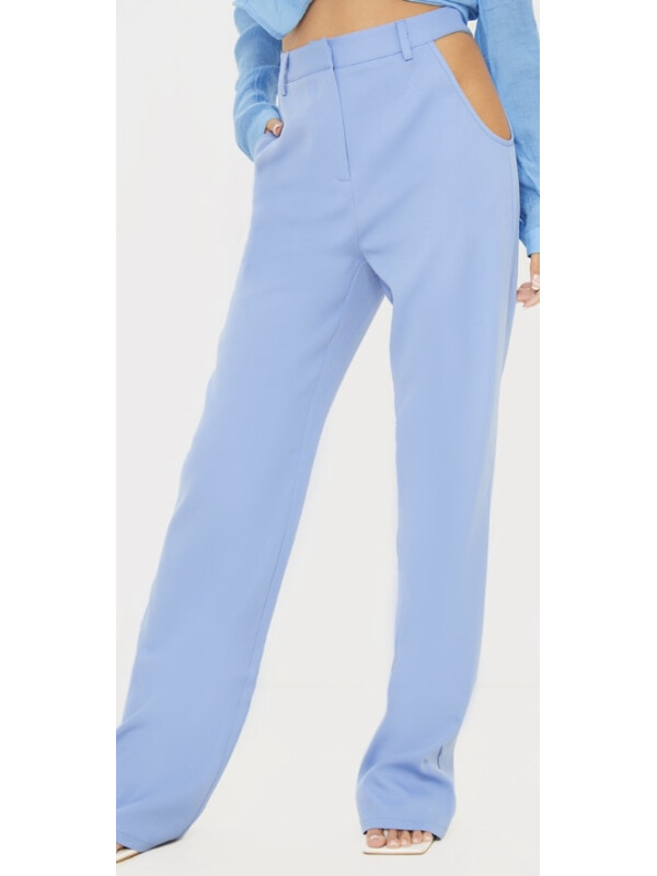 PANTALONI DREPT ȚESUȚI ALBASTRU PRĂFIT CU DETALIU IN TALIE