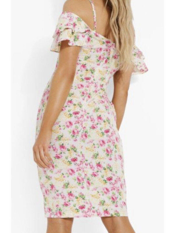 Rochie midi albă cu volane cu imprimeu floral