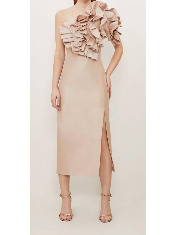 Rochie maxi Bardot lungă, din tafta metalică, decorată cu rozetă