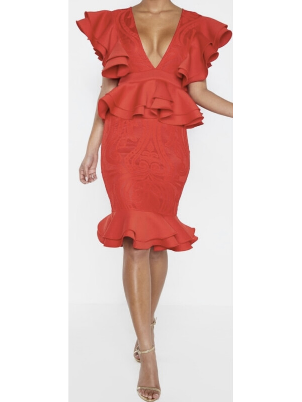 ROCHIE MIDI CU DETALII VOLANE ROSIE L