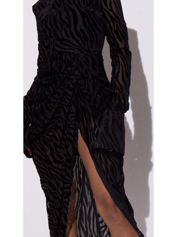 ROCHIE MIDI DRAPATĂ BLACK ZEBRA DEVORE CU GÂT ÎNALT