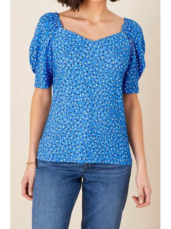 Top albastru Billy din jerseu cu imprimeu cu buline