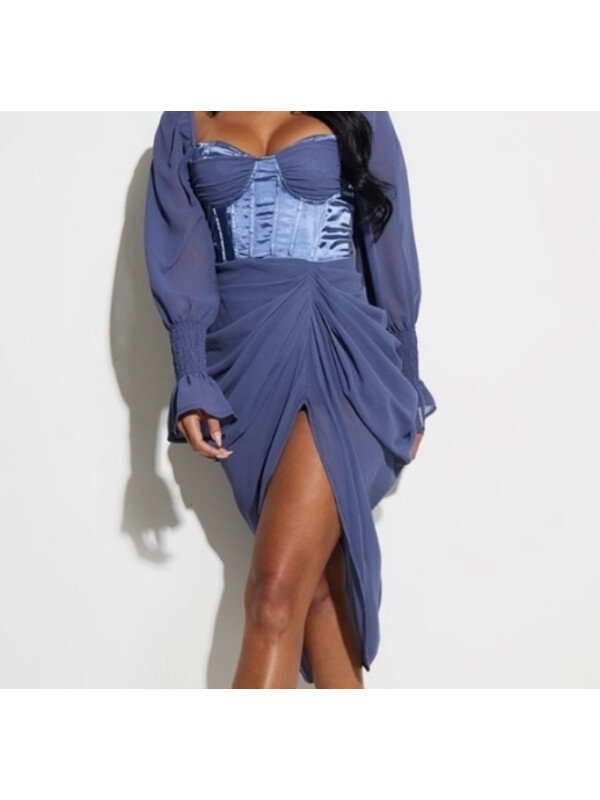 ROCHIE MIDI DRAPATĂ DE SATIN ALBASTRU MINERAL 