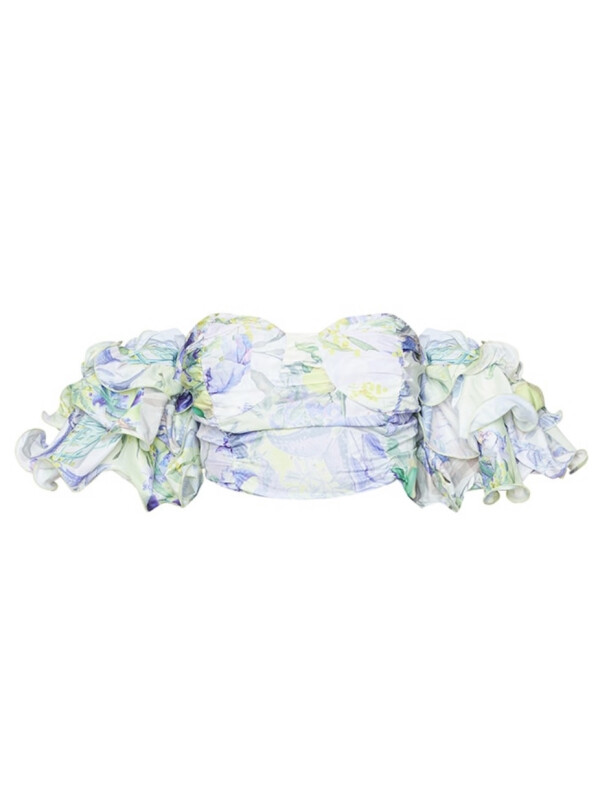 PLUS CROP TOP BARDOT ALB CU MANECĂ BUFANTA, FLORALĂ