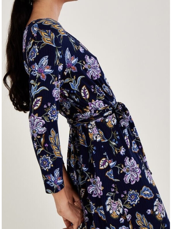 Rochie petrecută albastră din jerseu cu nervuri și imprimeu floral-Bleumarin-42