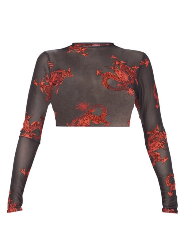 Bluza cu mânecă lungă din plasă cu imprimeu cu dragon roșu