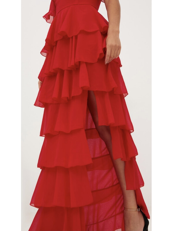 ROCHIE MAXI ȘIFON ROSĂ, STRAT CU VOLANE