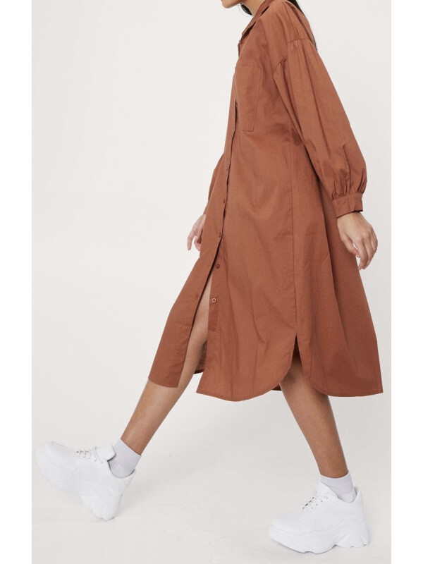 Rochie cămașă midi din poplin din bumbac cu mâneci bufante