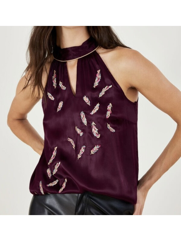 Top mov Simone cu guler halter, broderie și pene-Mov-S