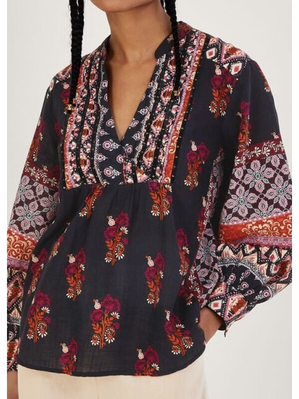 Top Smock cu imprimeu Heritage din bumbac sustenabil-Negru-M