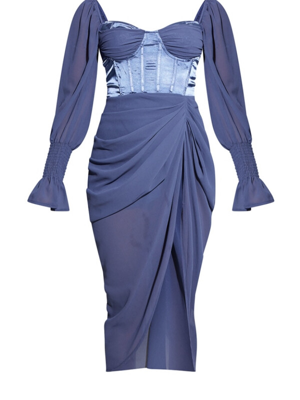 ROCHIE MIDI DRAPATĂ DE SATIN ALBASTRU MINERAL 