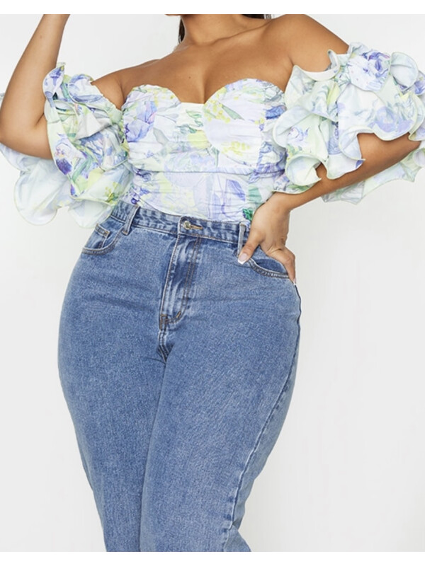 PLUS CROP TOP BARDOT ALB CU MANECĂ BUFANTA, FLORALĂ