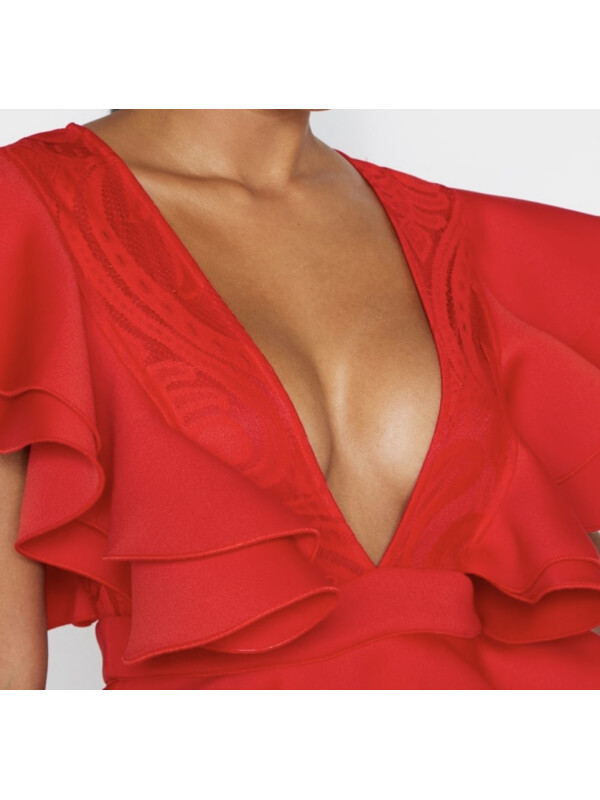 ROCHIE MIDI CU DETALII VOLANE ROSIE