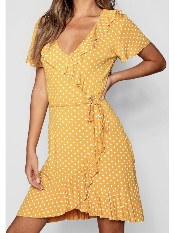 Rochie de ceai cu volane în față cu buline