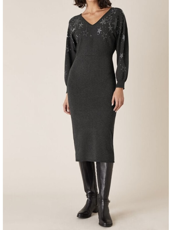 Rochie tricotată Star cu pietre aplicate și LENZING™ ECOVERO™, gri-Gri-S