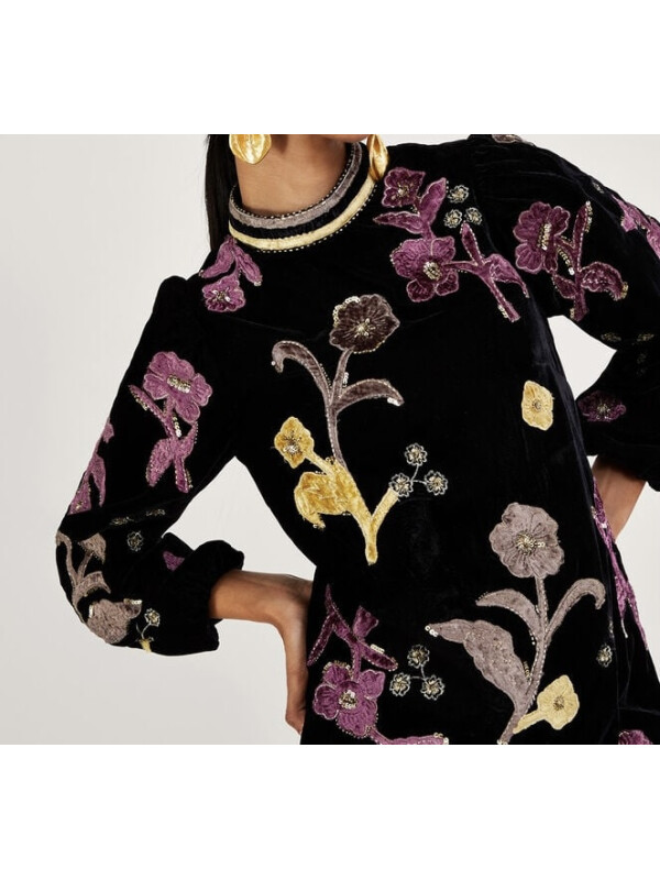 Rochie tunică din velur neagră cu aplicații Terry