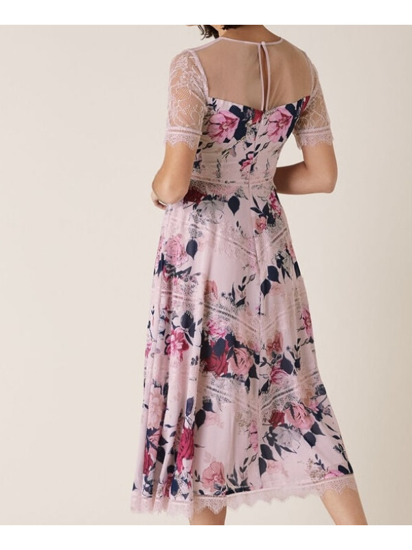 Rochie Millicent cu imprimeu floral și dantelă, nuanță nud.-Crem-36