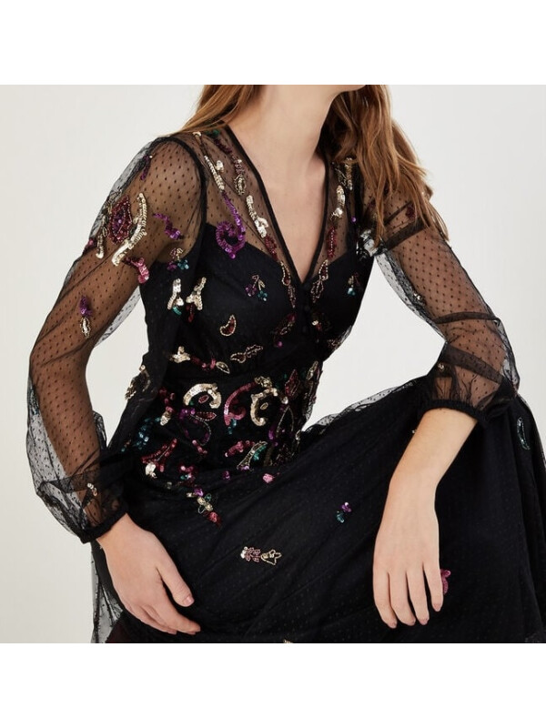 Rochie midi Colbie cu detalii strălucitoare, neagră.