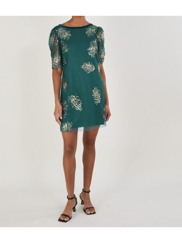 Rochie Alyson cu pene și detalii strălucitoare, verde.-Verde-44