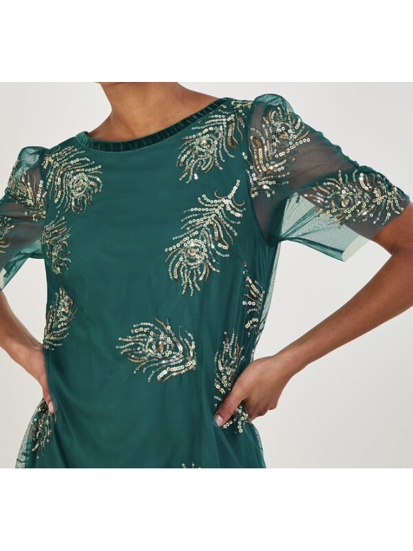 Rochie Alyson cu pene și detalii strălucitoare, verde.