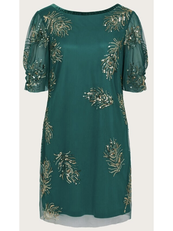 Rochie Alyson cu pene și detalii strălucitoare, verde.