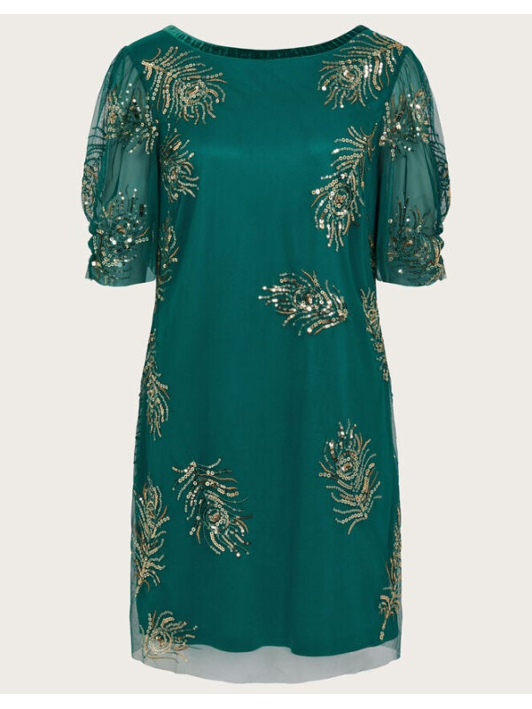 Rochie Alyson cu pene și detalii strălucitoare, verde.-Verde-44