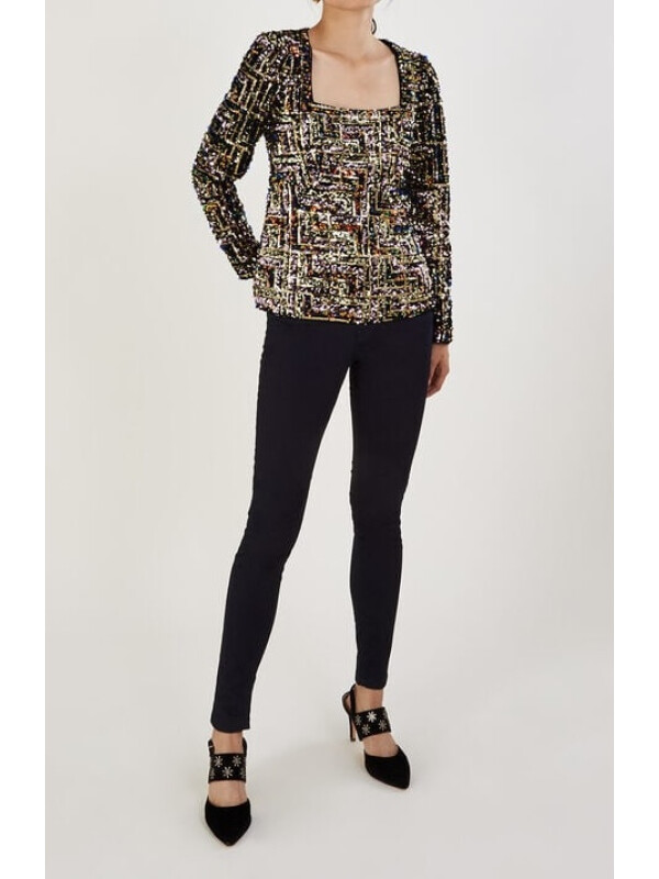 Top Fiona cu paiete, decolteu pătrat, negru.