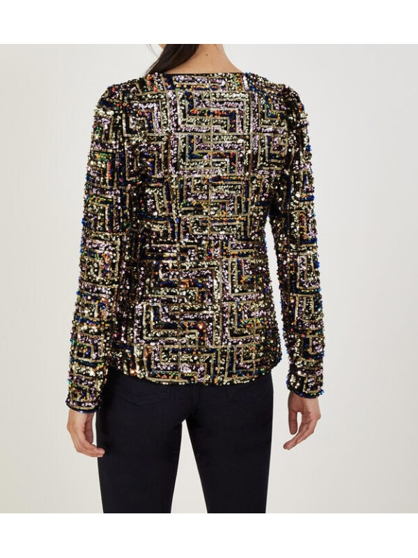 Top Fiona cu paiete, decolteu pătrat, negru.-Negru-L