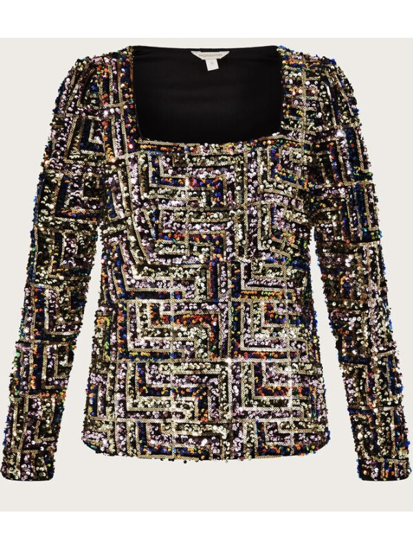 Top Fiona cu paiete, decolteu pătrat, negru.-Negru-L