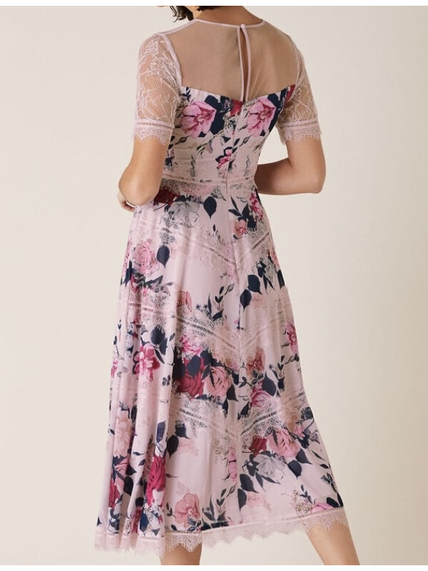 Rochie Millicent cu imprimeu floral și dantelă, nuanță nud.