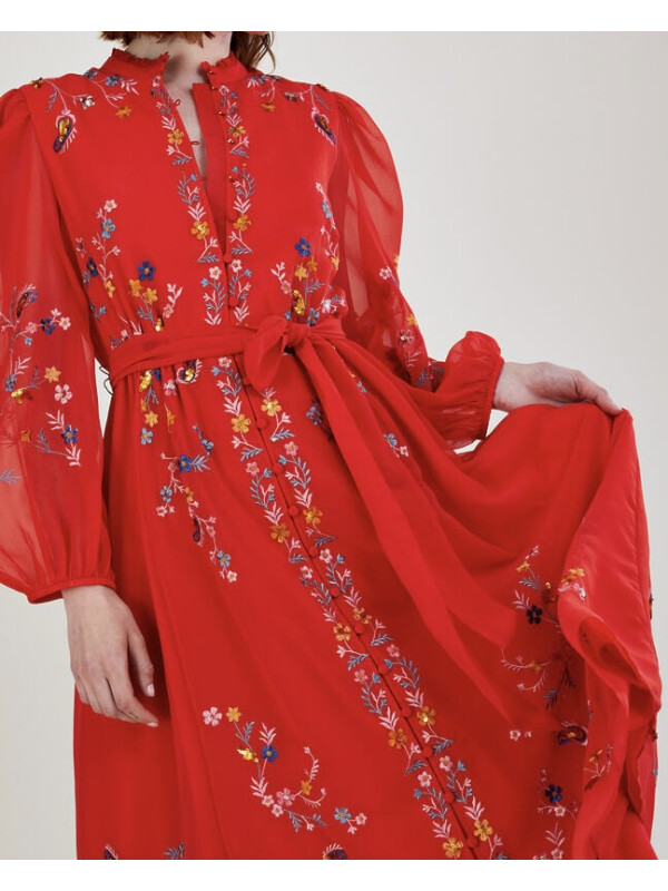 Rochie cămașă Emily brodată, din poliester reciclat, roșie.