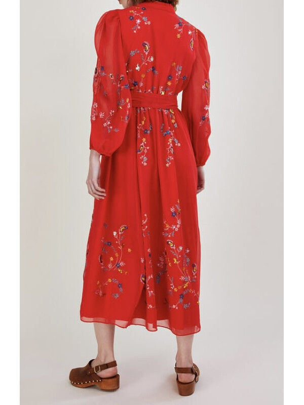 Rochie cămașă Emily brodată, din poliester reciclat, roșie.-Rosu-38