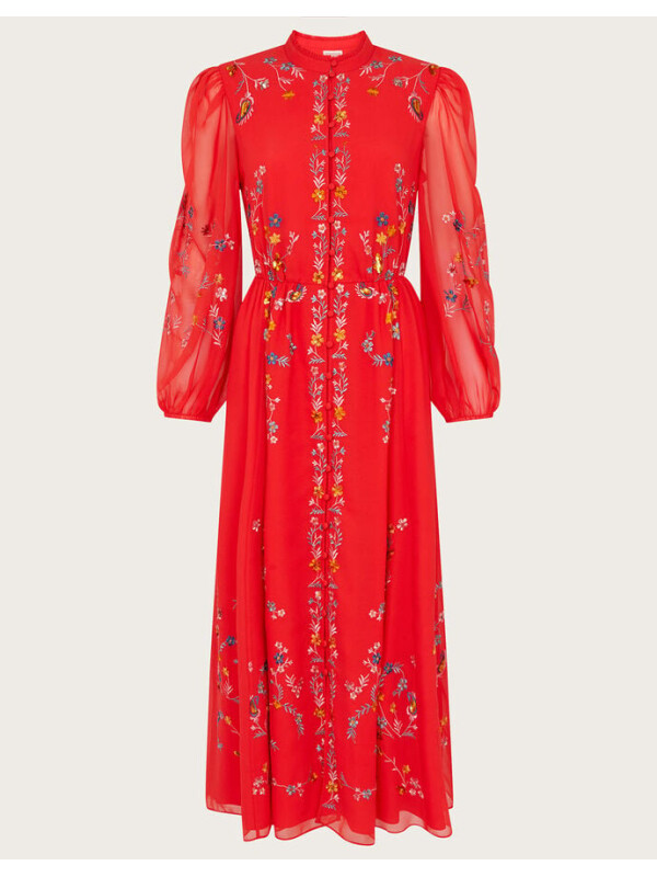 Rochie cămașă Emily brodată, din poliester reciclat, roșie.