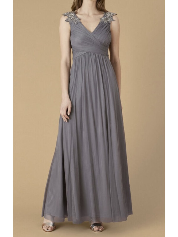 ​Rochia maxi din tulle gri cu ornamente Mischa