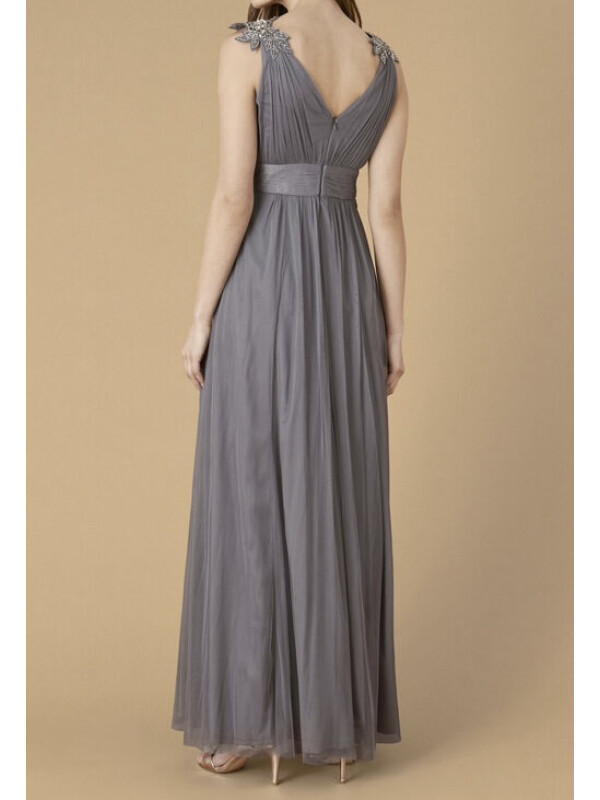 ​Rochia maxi din tulle gri cu ornamente Mischa-Gri-36