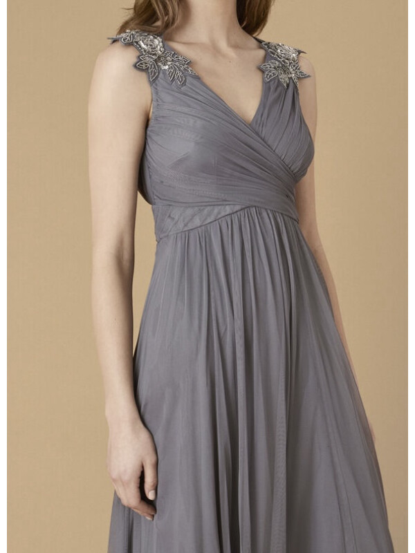 ​Rochia maxi din tulle gri cu ornamente Mischa-Gri-36